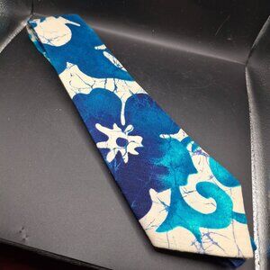 Kanaka Tie Made In Hawaii Blue Floral Print Neck Tie Cotton Barkcloth